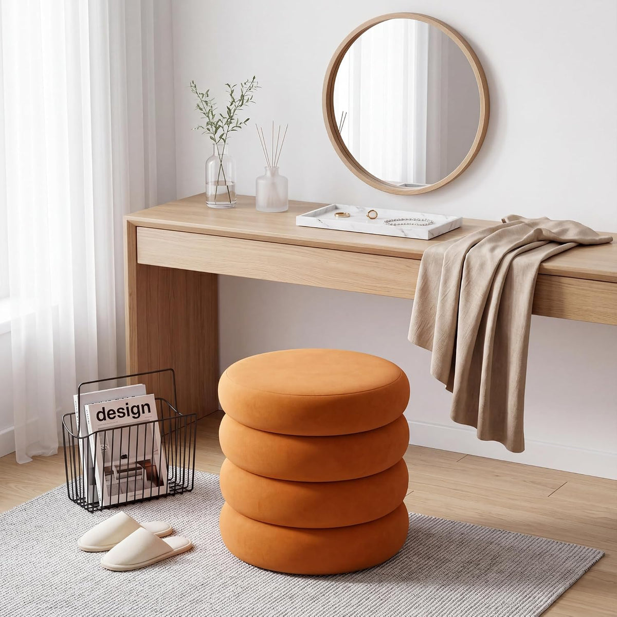 Round Velvet Storage Ottoman Set of 2, Tufted Vanity Stool for Dorm