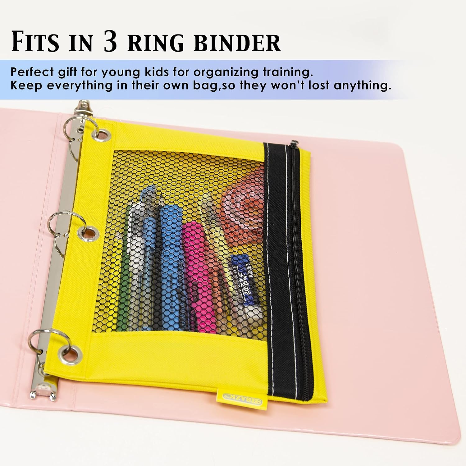 BAZIC PRODUCTS Bright Color 3-Ring Pencil Pouch with Mesh Window, 2-Pack | clear mesh window and a zipper closure for pens; pencils; supplies