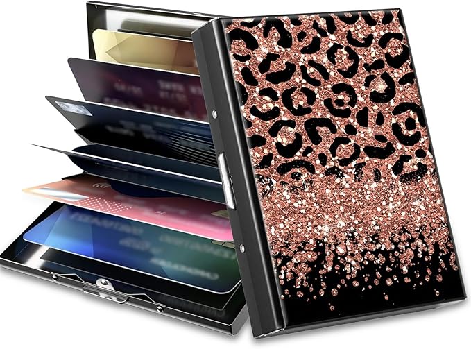 BWEGRHE Slim Credit Card Holder, Leopard Glitter RFID Blocking Metal Wallet by BWEGRHE