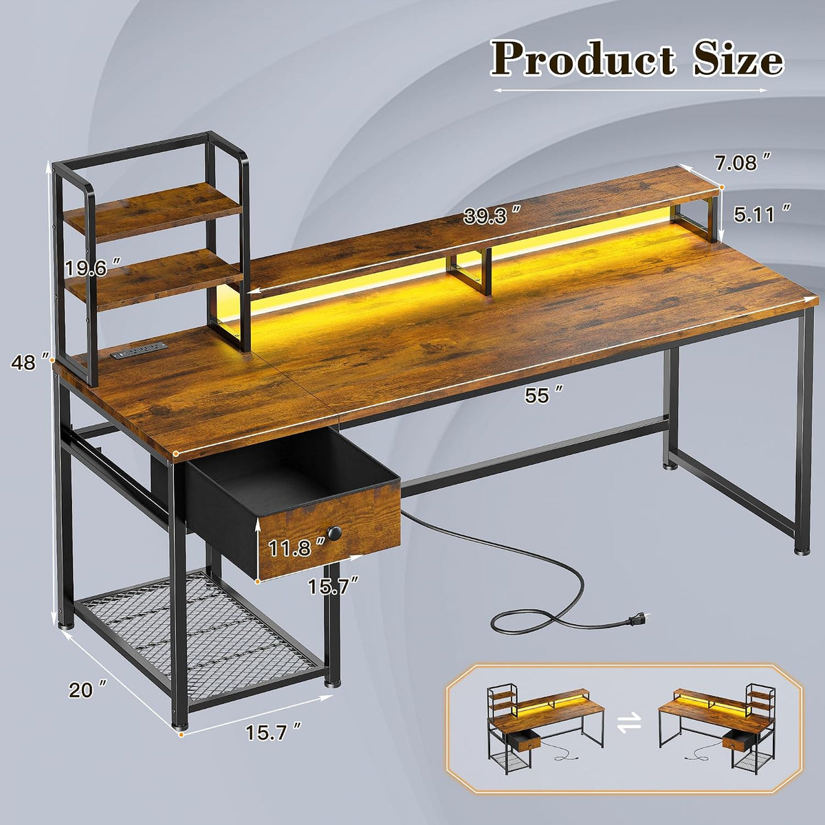 EnHomee 55" Reversible Computer Desk, Hutch, USB & LED, Rustic Brown