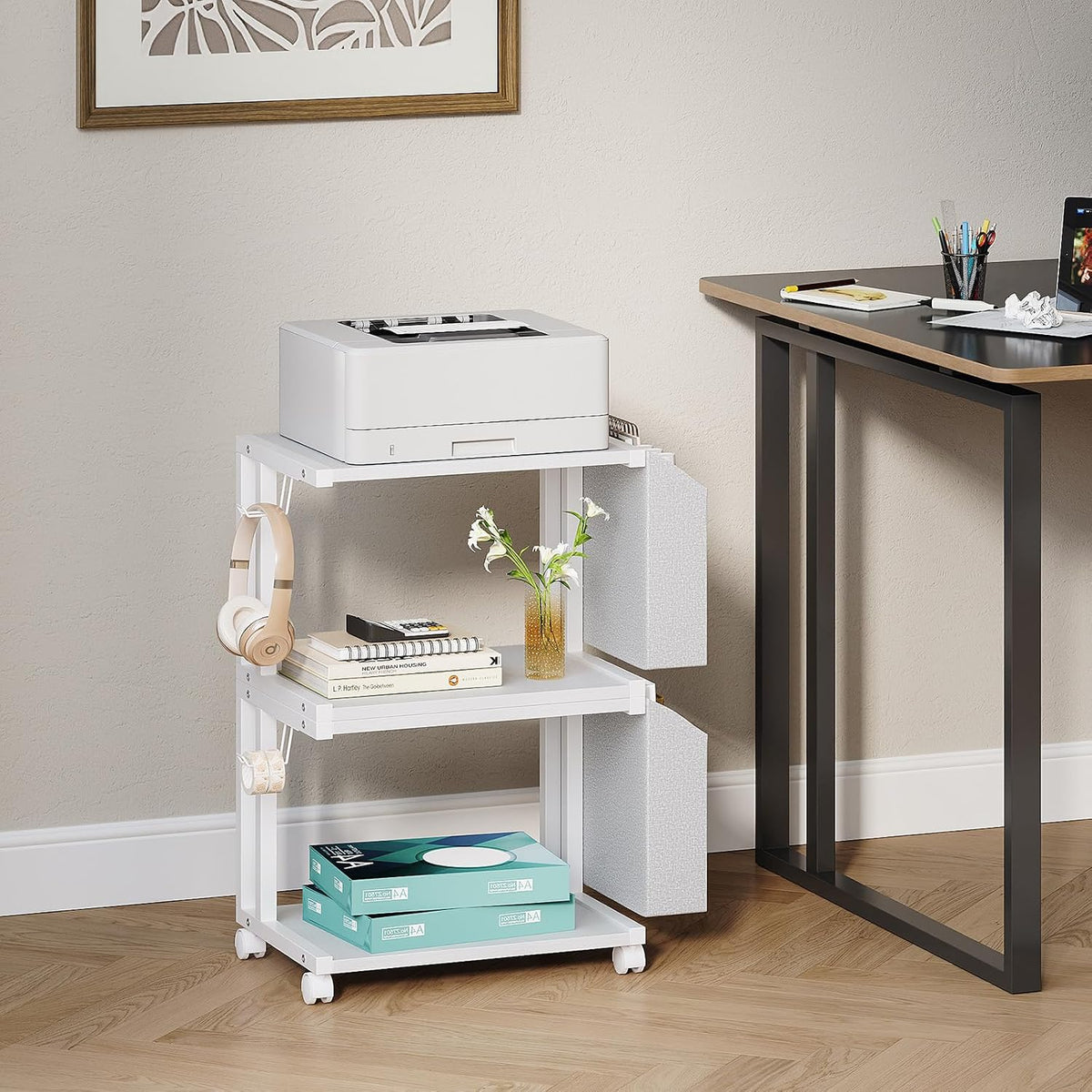 VEDECASA 2 Tier Modern White Wooden Under Desk Printer Stand with Storage Bag...