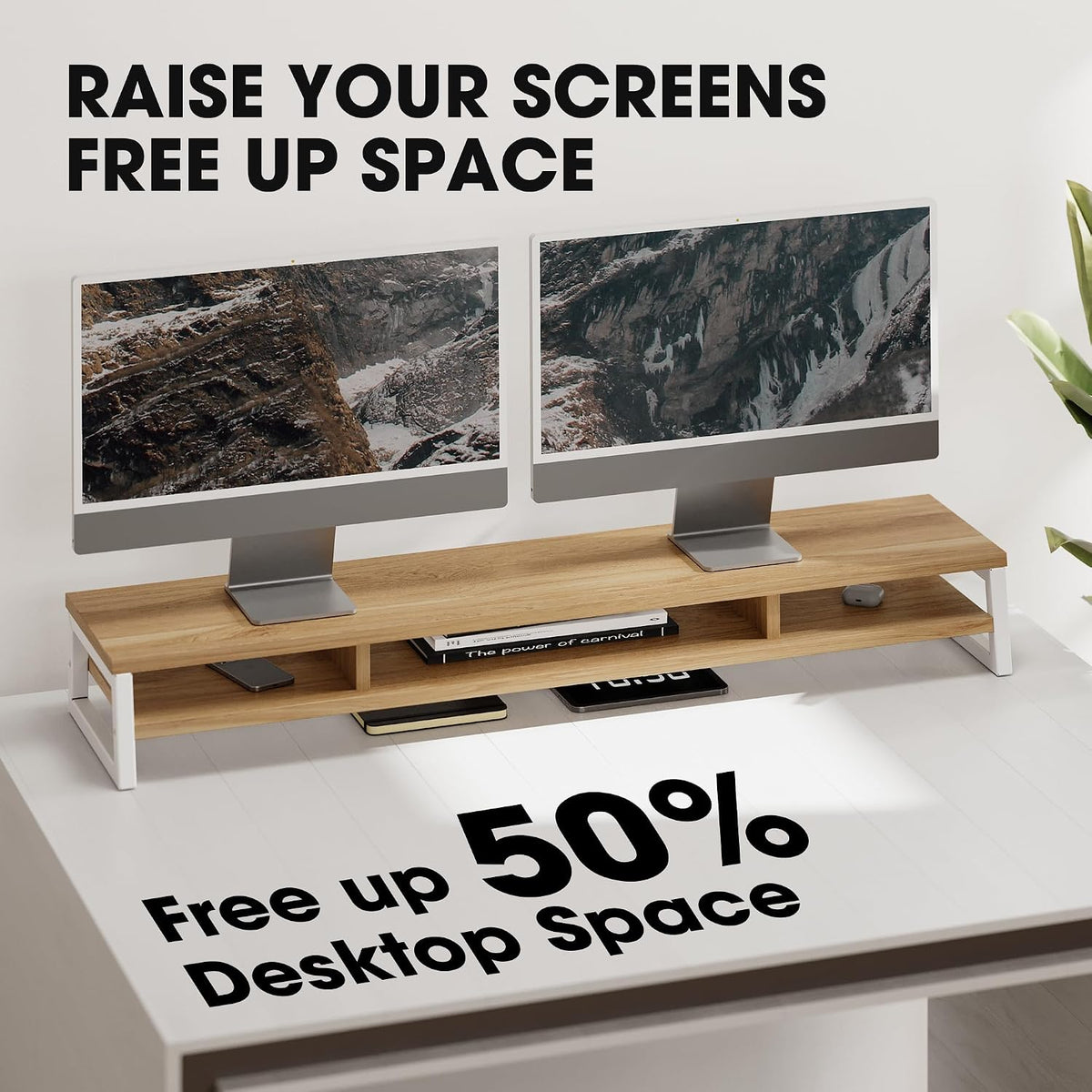 Fenge Dual Monitor Riser for Desk, Open Shelf with 3 Storage Compartments