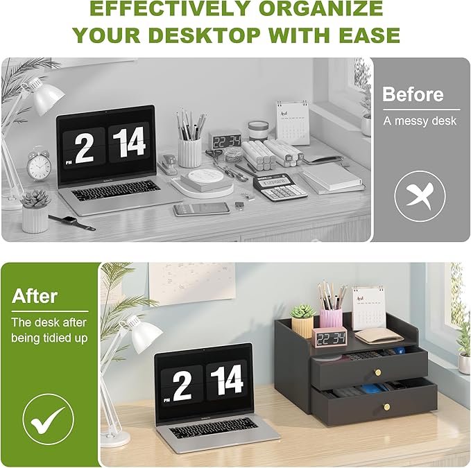 Bamboo Desk Organizer with Drawers Wooden Desktop Storage Drawers - Image 6