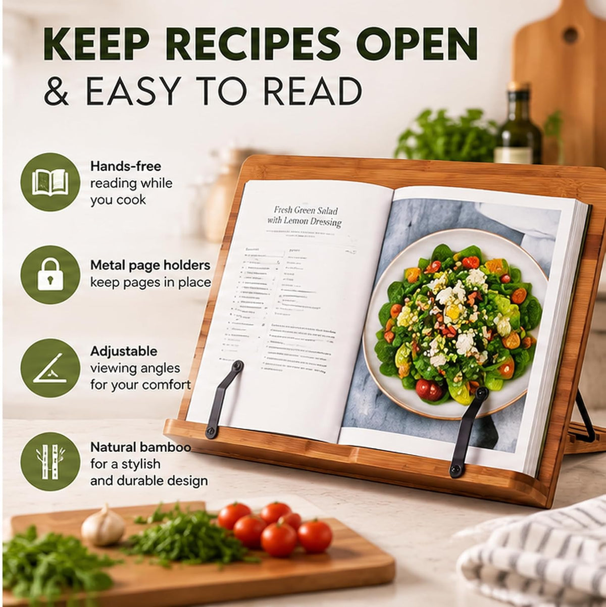 Bamboo Cookbook Stand Large, Adjustable Book Holder Tray and Page Paper Clips...