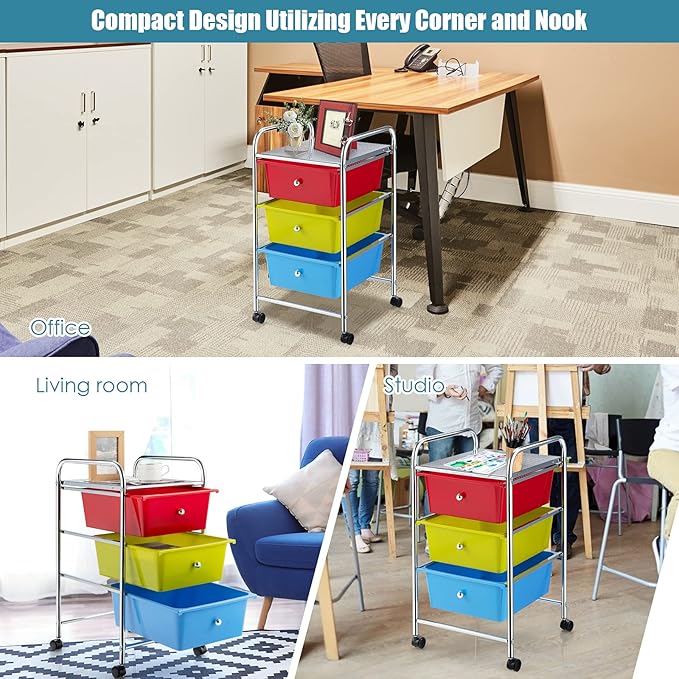 Giantex Rolling Cart with Drawers, Craft Organizer with Wheels, 3 Drawer - Image 6