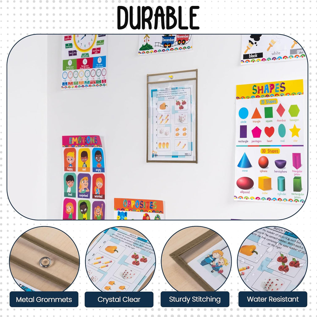 Essex Wares - 6 Pack, Tan Dry Erase Pockets, 10" Wide x 13.5" Tall | Water-Resistant, Dry Erase Pocket Document Protectors, Clear Plastic Sleeves, Reusable & Easy Erase, Job Ticket Holders