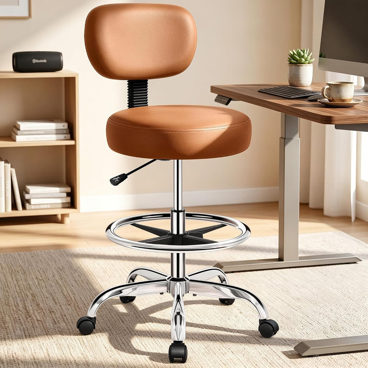 Brick Attic Drafting Chair with Backrest – Adjustable Foot Rest Rolling Stool...
