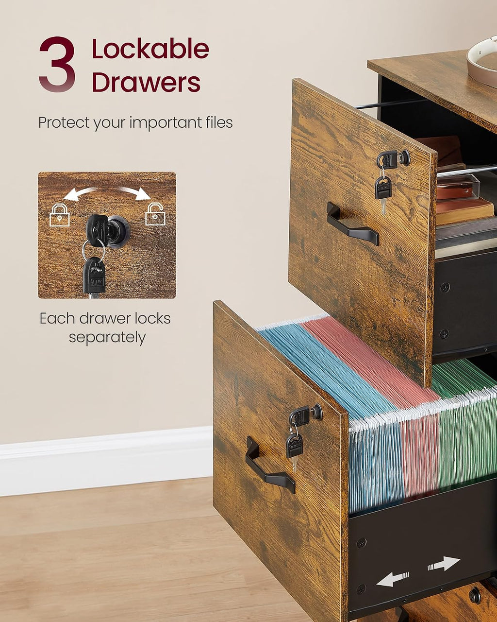 vasagle 3 drawer file cabinet with locks, for, side view