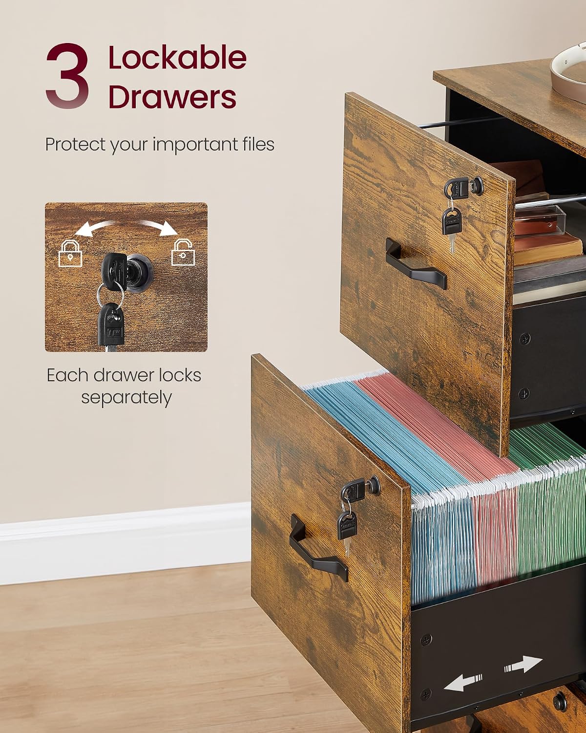 vasagle 3 drawer file cabinet with locks, for, side view