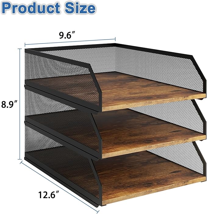 Natwind 3-Tier Stackable Paper Tray, Metal Mesh Desktop Organizer, Wood Board - Image 2