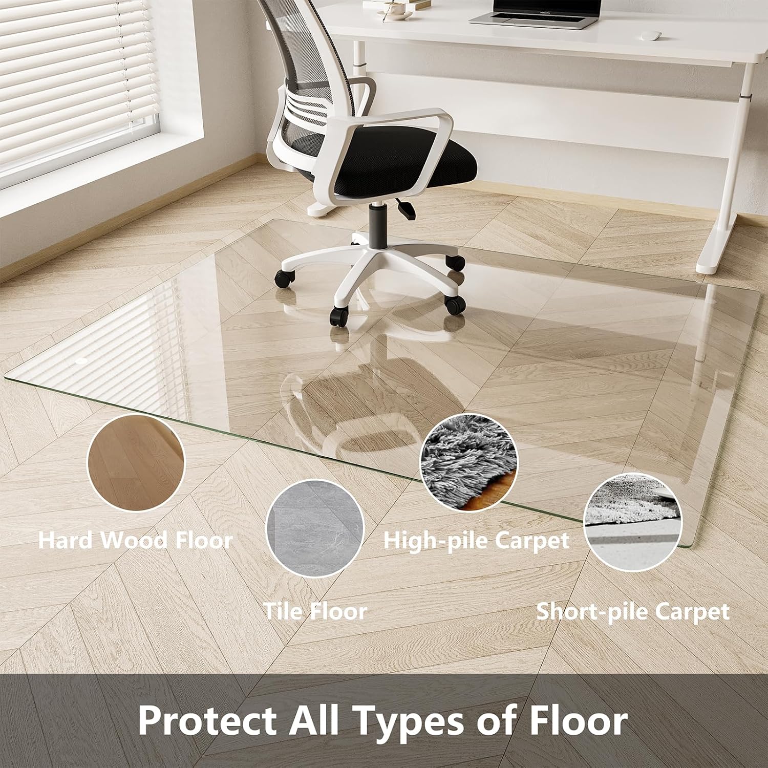 Koonmi Glass Chair Mat for Carpet, 30"x48" Thick Office Chair Mat | Tempered Glass Chair Mats with Round and Polished Edges, Smooth Rolling for Carpet Floor Protection, Scratch-Resistant