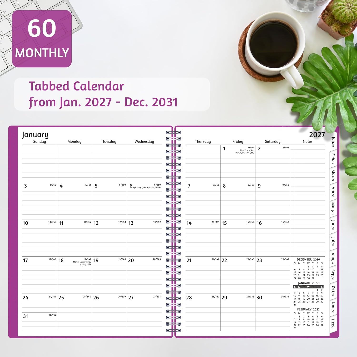 Monthly Planner 2027-2031, 5-Year Calendar Planner 2027-2031, Jan 2027 – Dec 2031, 8.5 x 11 In, Ruled Spread, Flexible Cover, Spiral Wirebound, Pocket, 60 Coated Monthly Tabs, Notes ＆ Habit Tracker, A4 Planner, Purple
