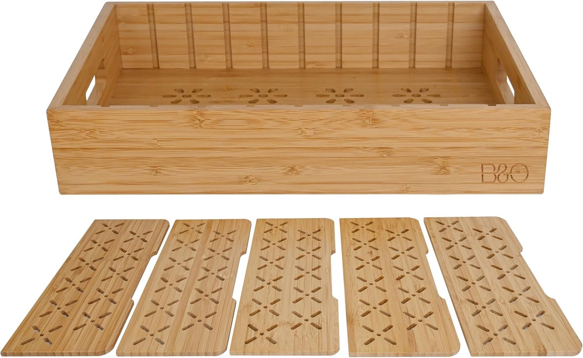 Natural Bamboo Storage Tray with 5 Custom Dividers, Deep Drawer Organizer for...