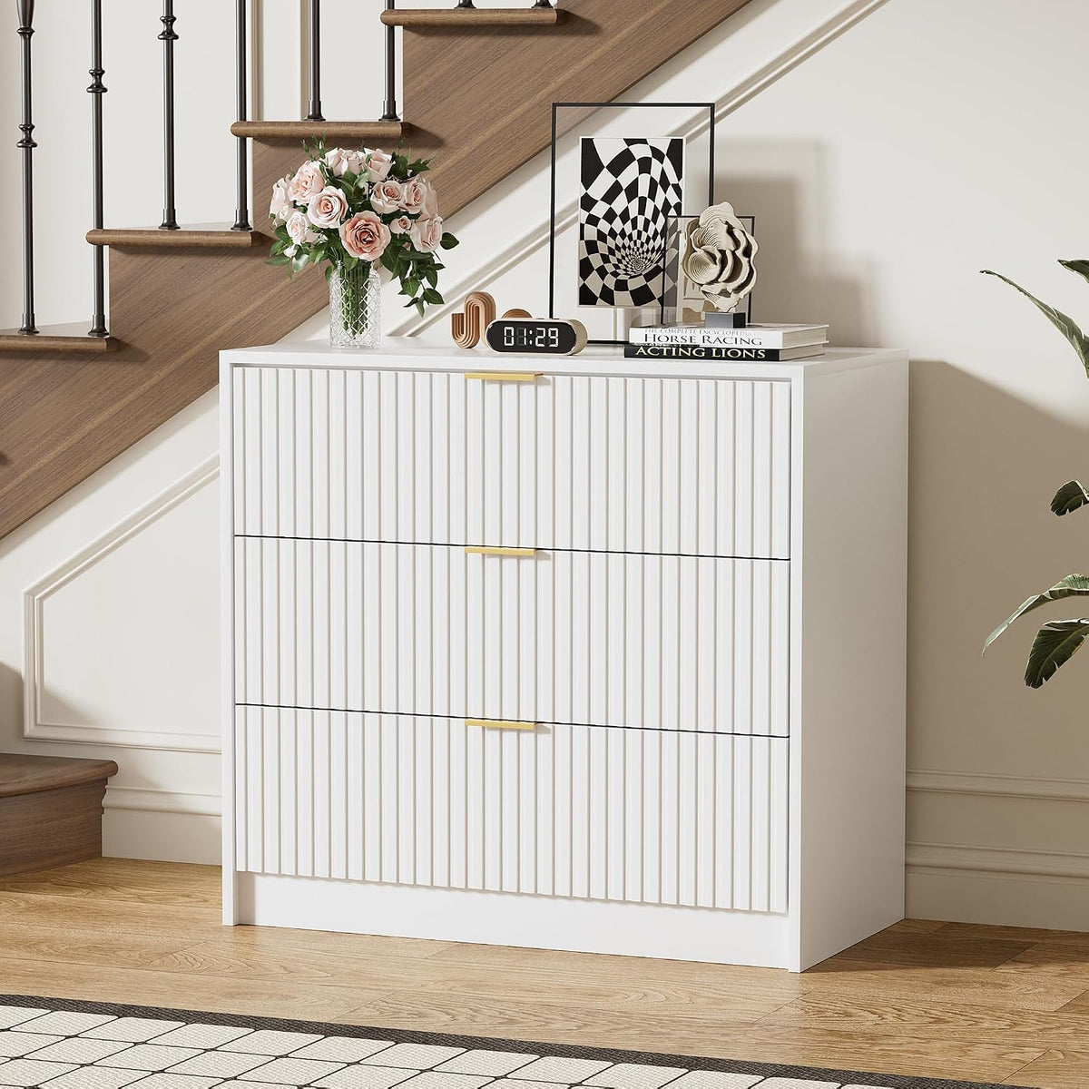 Furniway 31.5" Large Nightstand with 3 Drawers, Fluted Bedside Table, Mo...