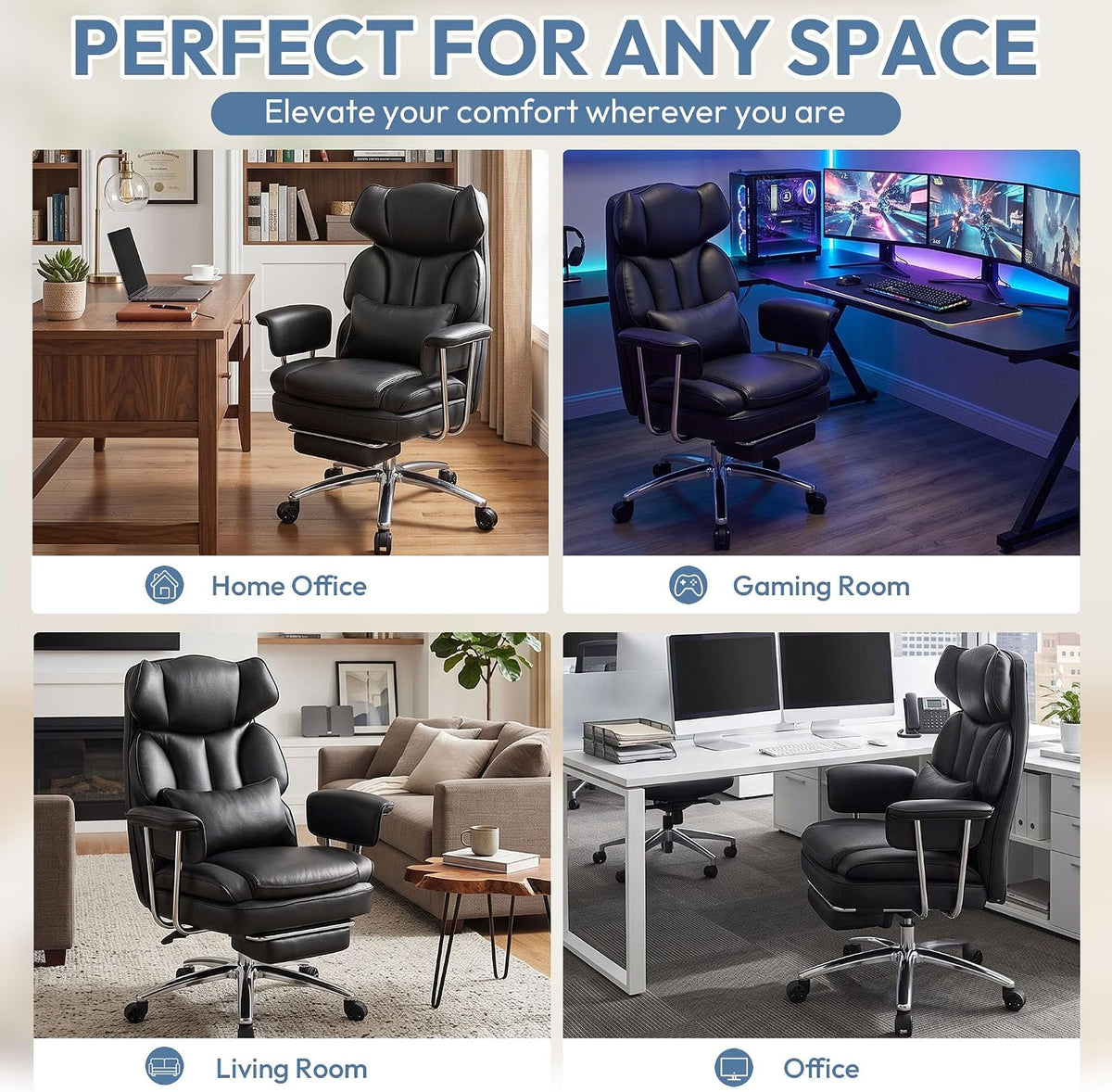Big and Tall Office Chair, Ergonomic Leather Recliner Computer Chair, Black