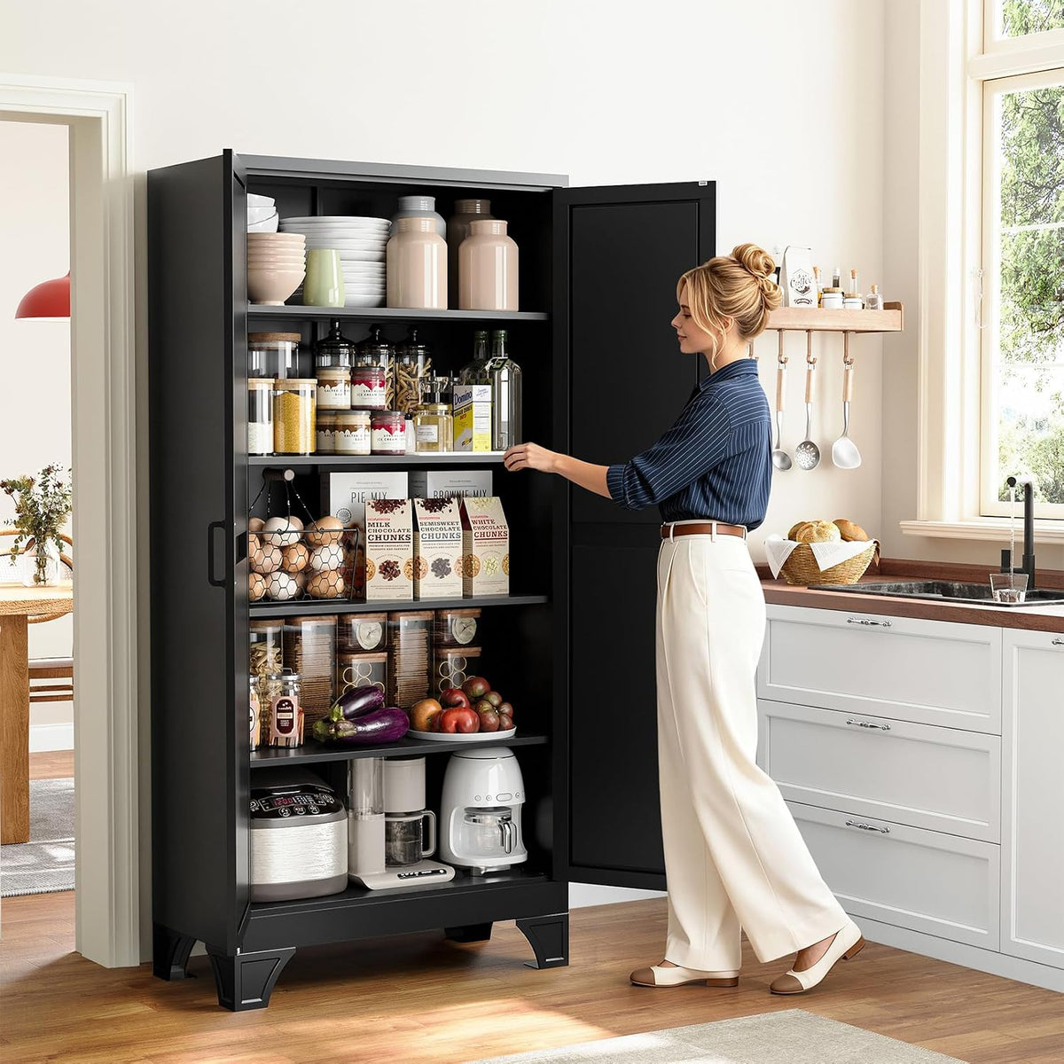 yizosh 75" h tall metal kitchen pantry storage shown in use