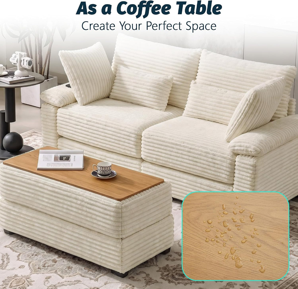 75" Corduroy Loveseat Sofa with Storage Ottoman,USB Charging,Beige