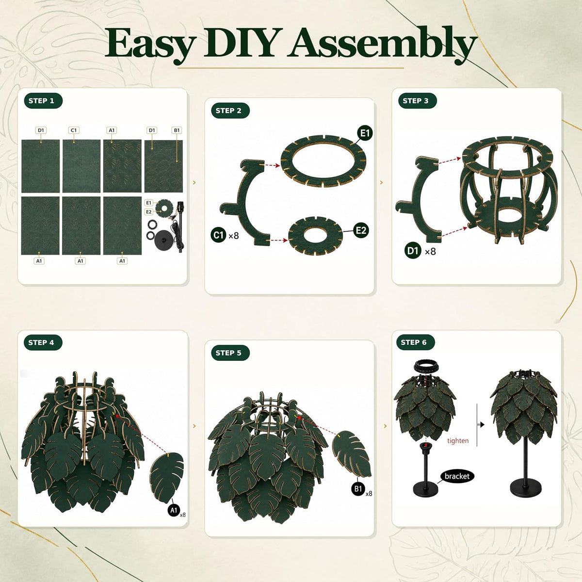 DIY Wood Monstera Table Lamp for Bedroom, Dimmable Lamp with Pull Chain