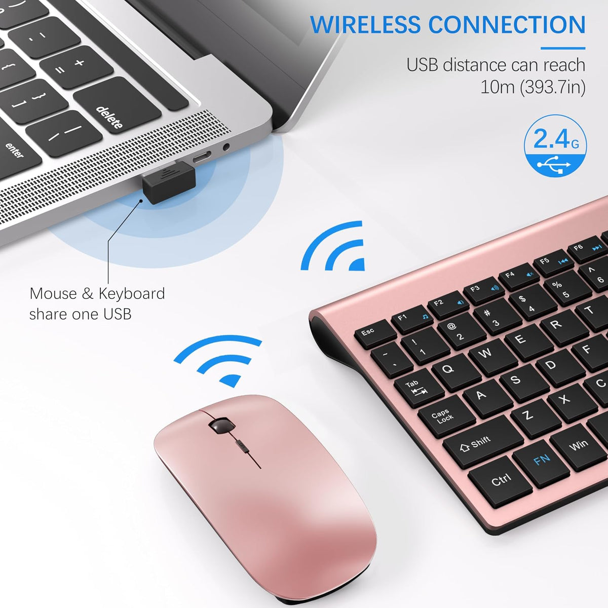 Wireless Keyboard and Mouse Ultra Slim Combo, TopMate - Rose Gold Black