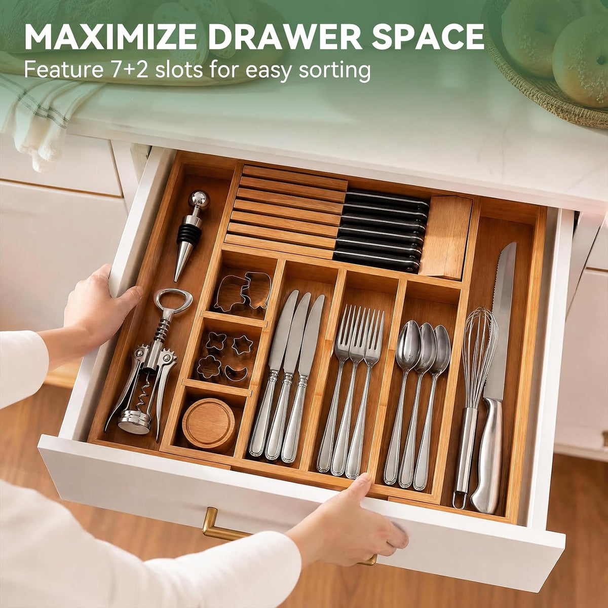 Luxury Teak Expandable Kitchen Drawer Organizer - Cutlery & Utensil Tray