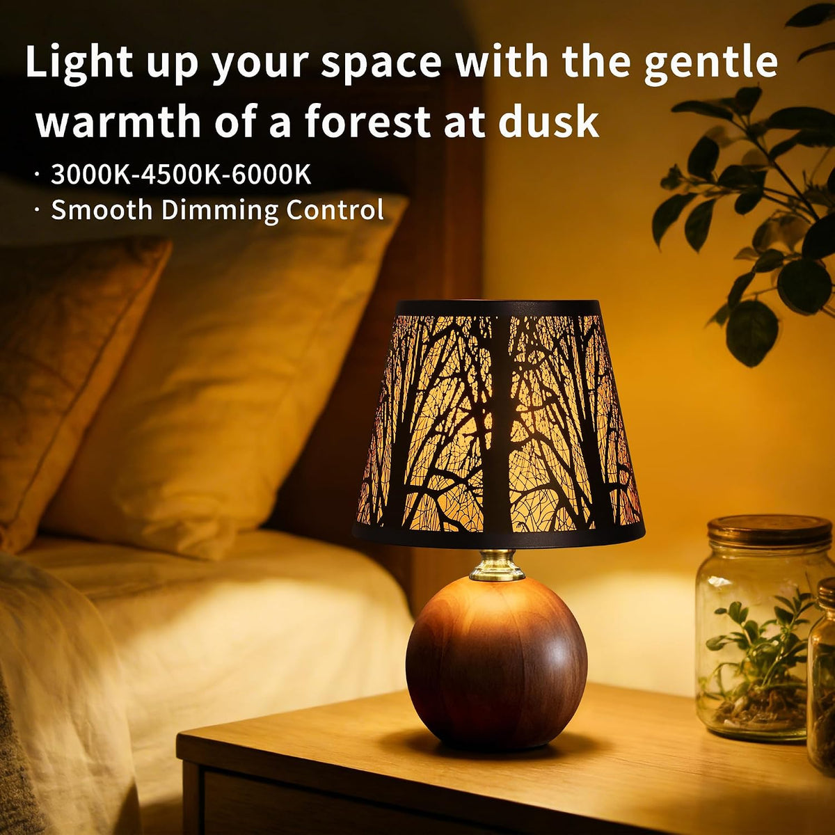 11.4" Rustic Solid Wood Small Table Lamp with Metal Forest Shade