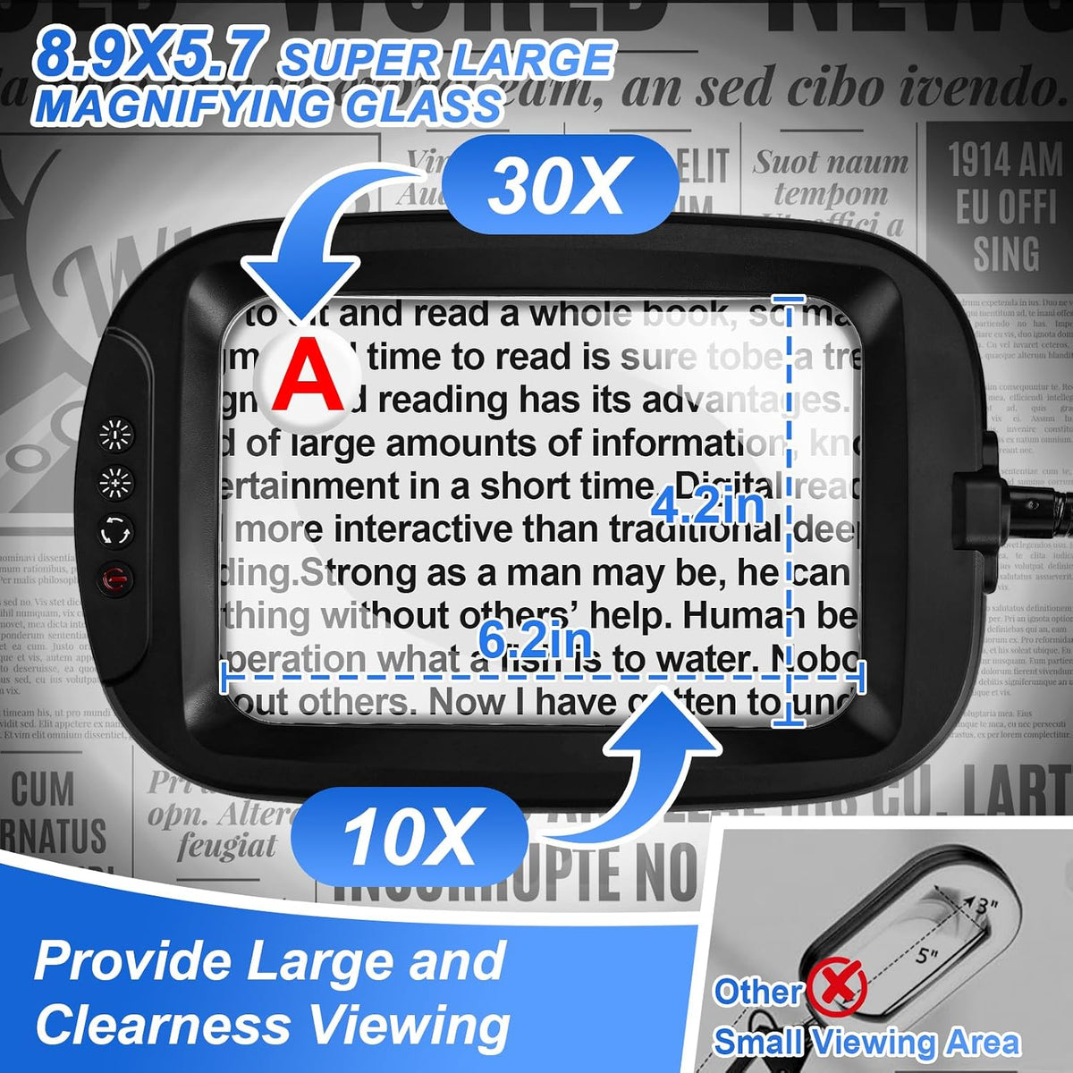 10X 30X 7'' Extra Large Magnifying Glass with Light and Stand, 5 Colo...