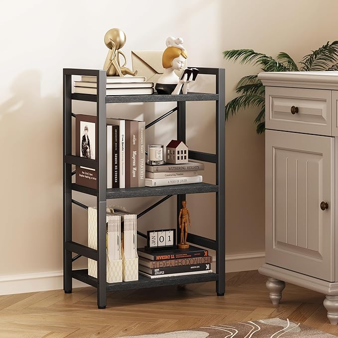 Homeiju Bookshelf, 3 Tier Industrial Bookcase, Metal Small Bookcase, Rustic - Image 2