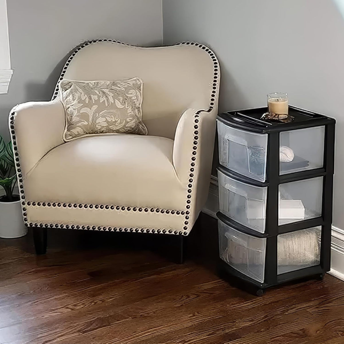 HOMZ Drawer Tower 3-Tier Storage Cart, Removable Wheels, Black Frame,2 Pack