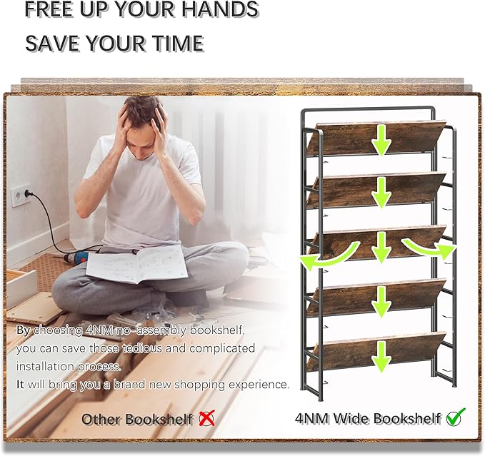 4NM No Assembly Extra Wide 5 Tiers Folding Bookshelf Storage Shelves Vintage - Image 7