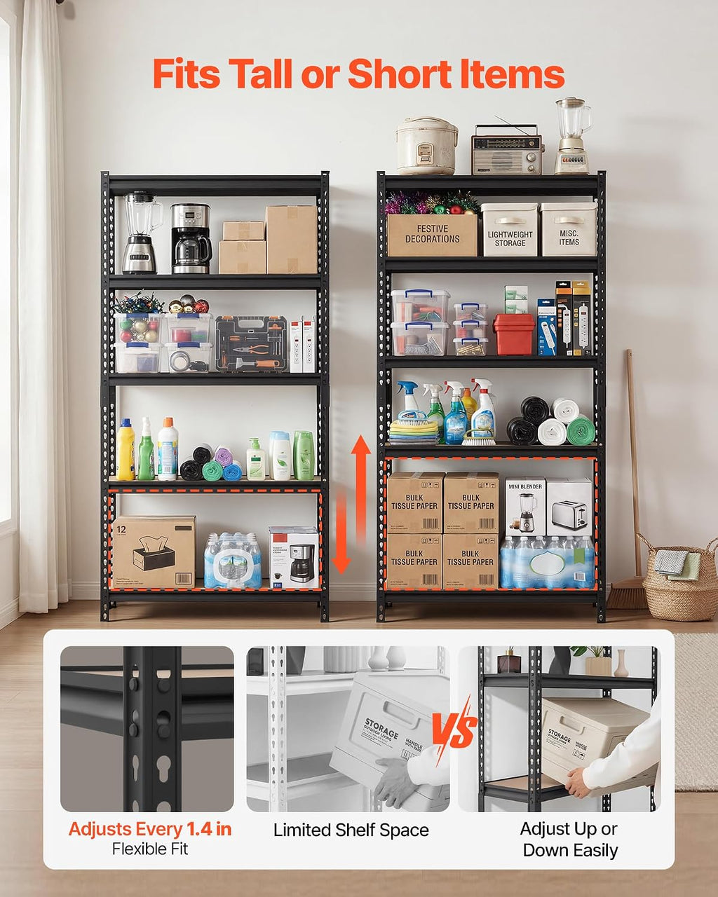 vevor storage shelves, 5-tier adjustable, 3000 lbs capacity, side view