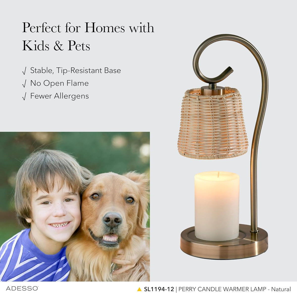 Adesso Candle Warmer Lamp, Antique Brass & Rattan, Dimmable