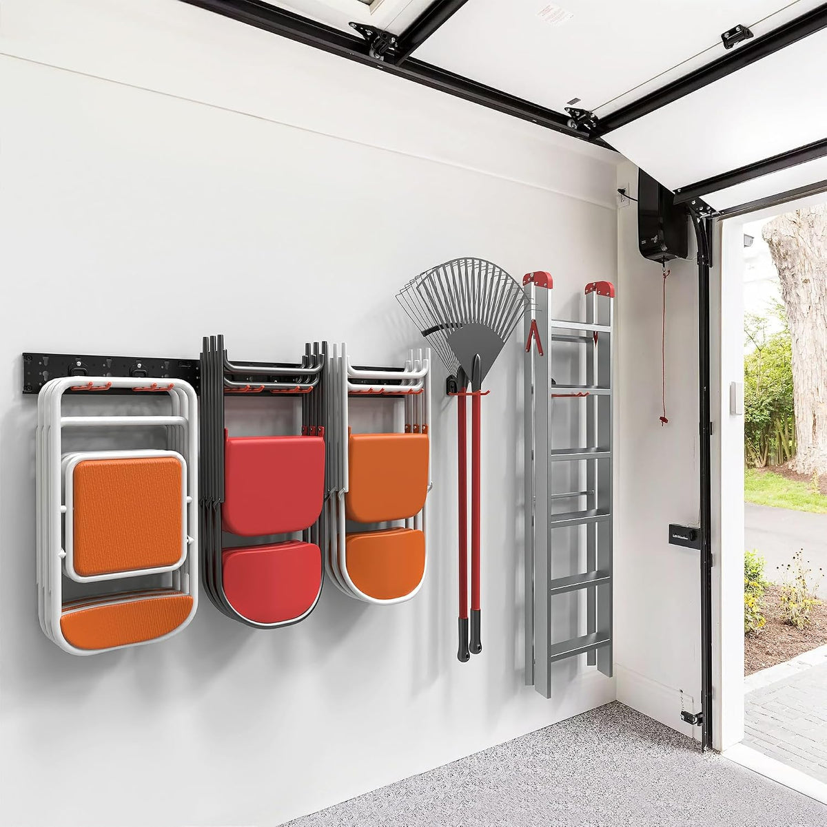 wallmaster wall mount garage tool storage rack folding shown in use