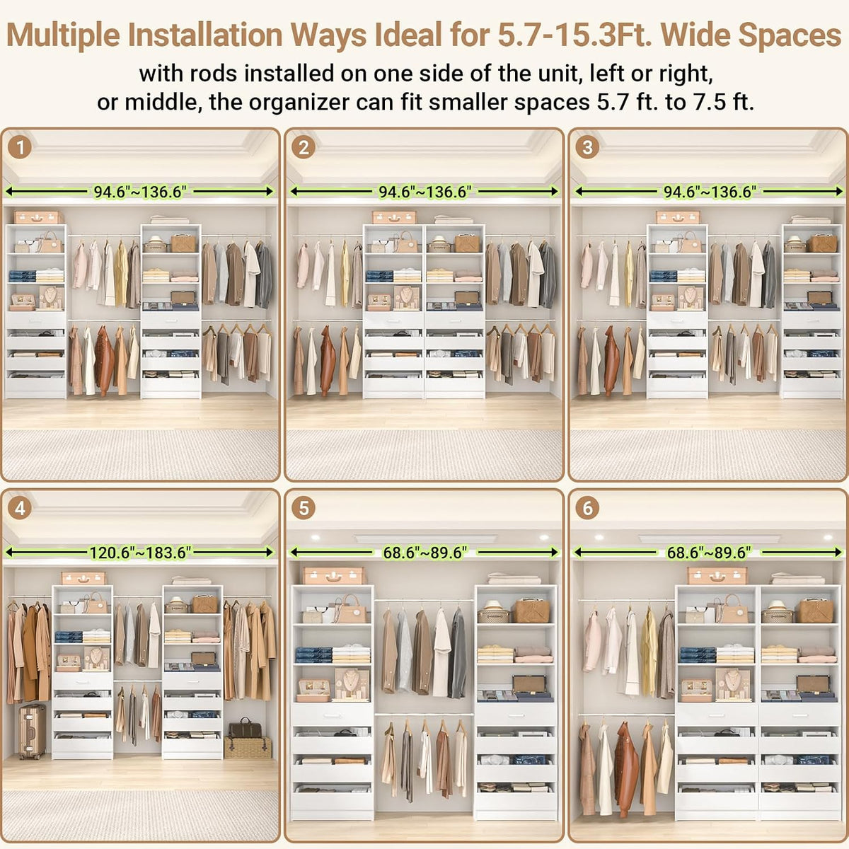 Aheaplus Closet System, 6-15Ft Custom Wood Closet Organizer with 8 Drawers