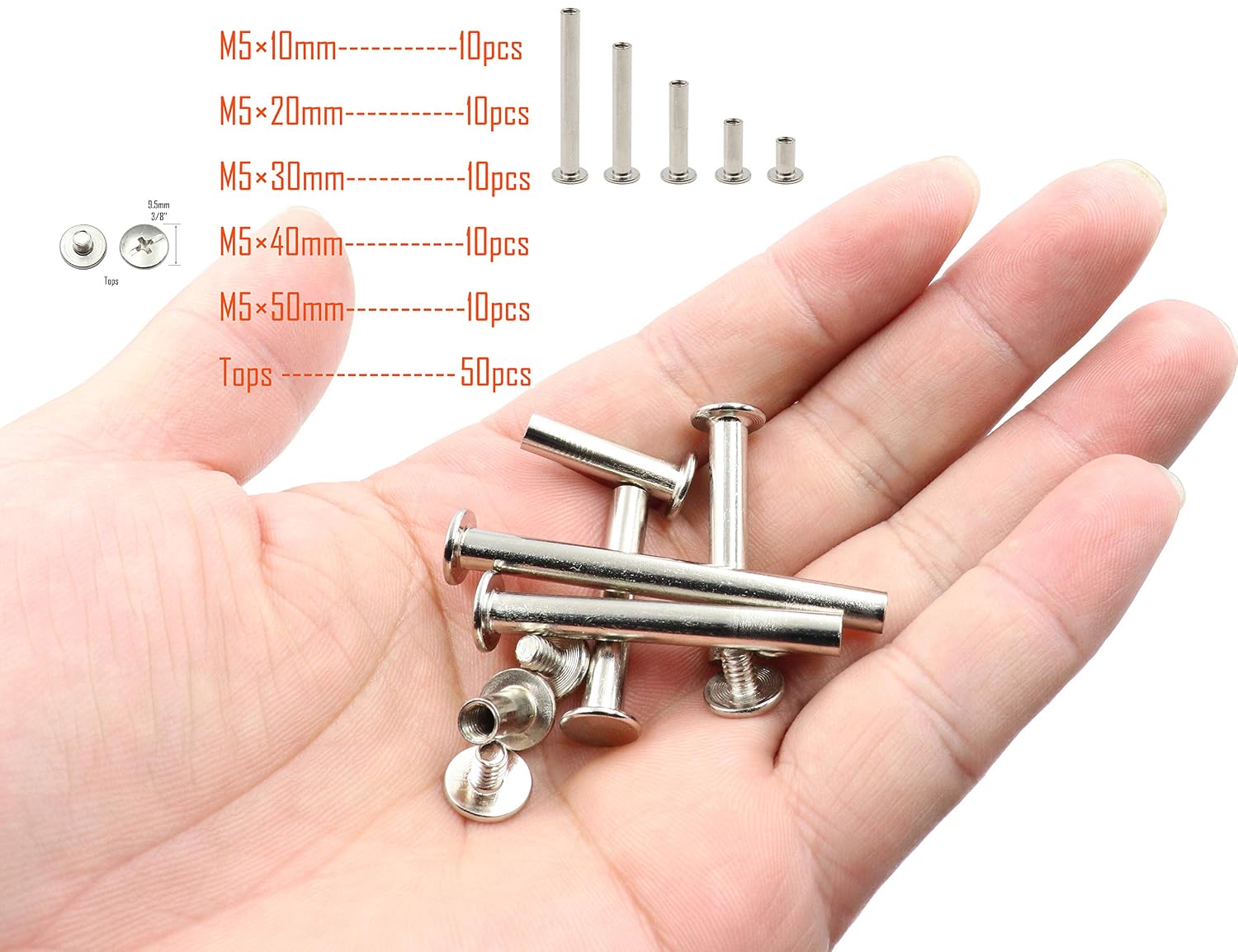 LBY 100pcs Phillips Chicago Screws, M5 x 10/20/30/40/50mm Binding Screw Posts, Book Screws, Binding Barrels and Screws Assortment Kit for Leather Saddles, Purses, Belt Repair, Nickel-Plated