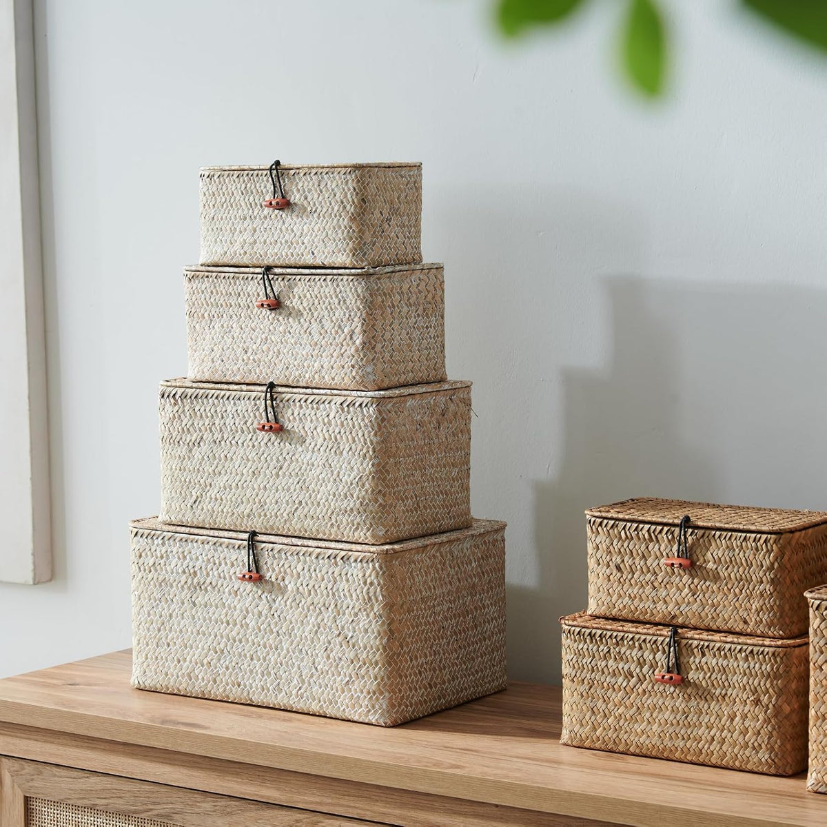 4 Pack, Wicker Baskets with Lids, Natural Seagrass Storage Baskets, Woven Rec...