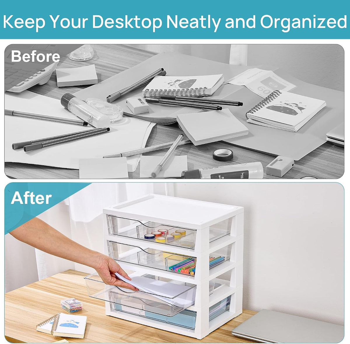 vtopmart clear desktop organizer, 4-tier drawer storage with, side view