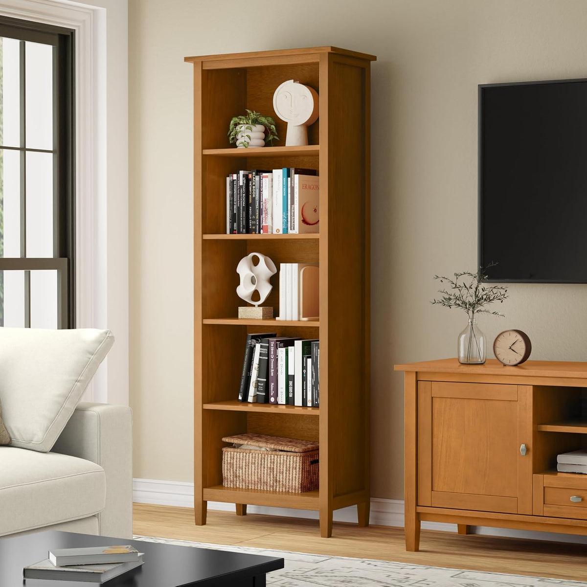 SIMPLIHOME Warm Shaker 72" Tall Solid Wood 5-Shelf Bookcase in Brown