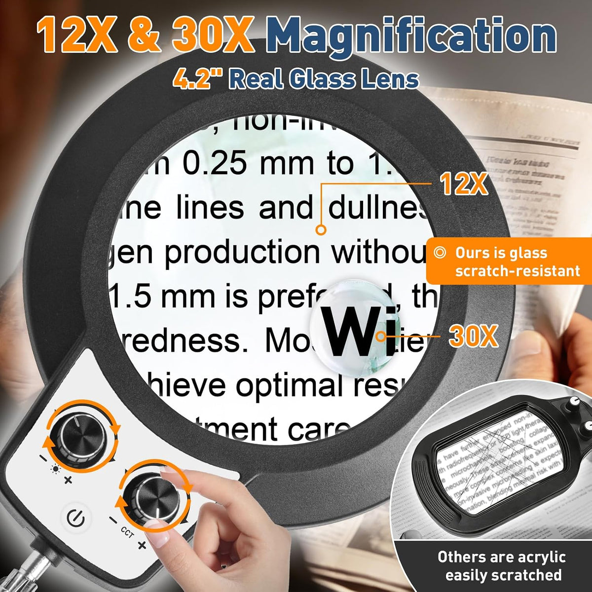 KIRKAS Magnifying Floor Lamp, 12X 30X 11.2in Stable Base Magnifier Black