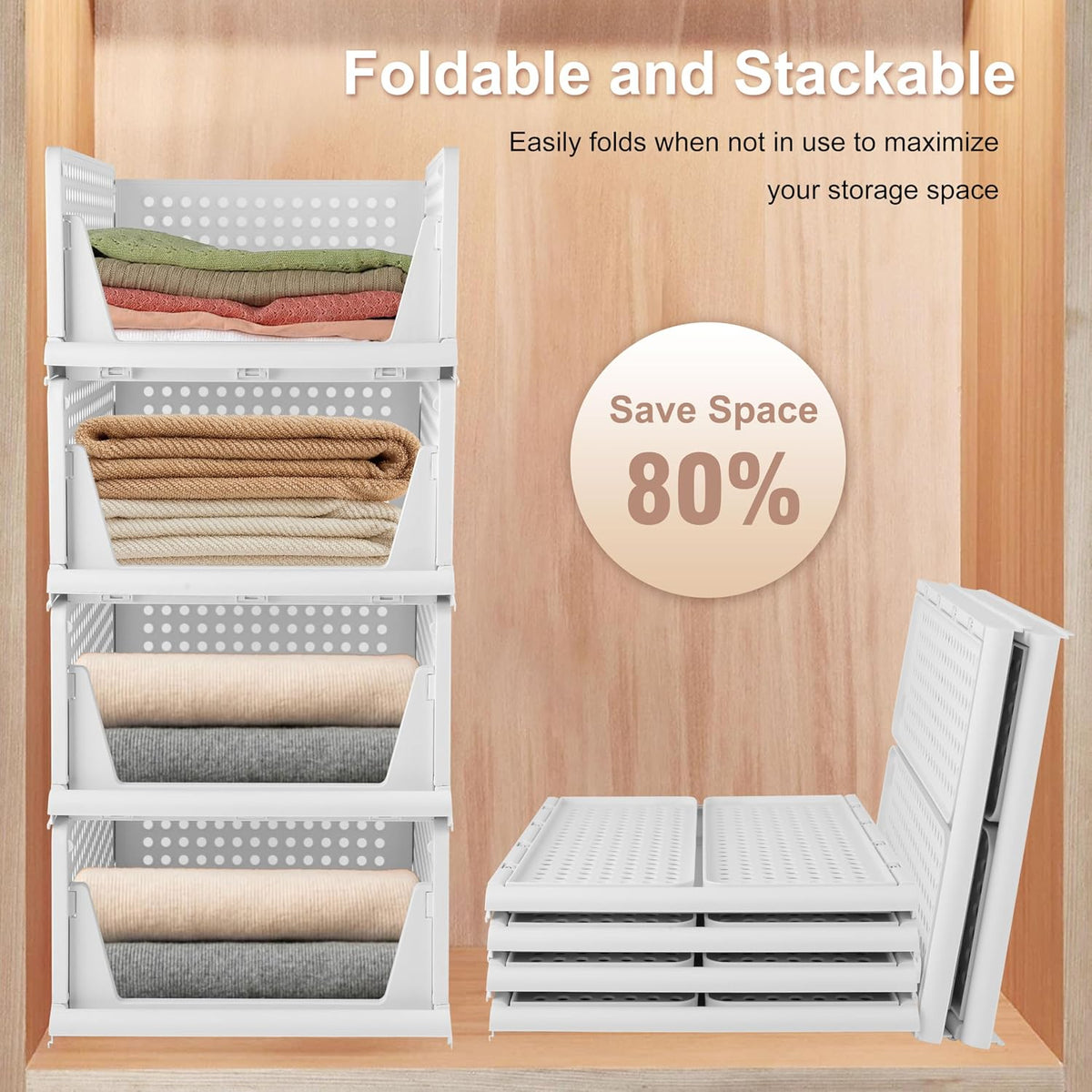 Whitmor Foldable Closet Storage Basket 4 Pack, Space-Saving & Stackable C...