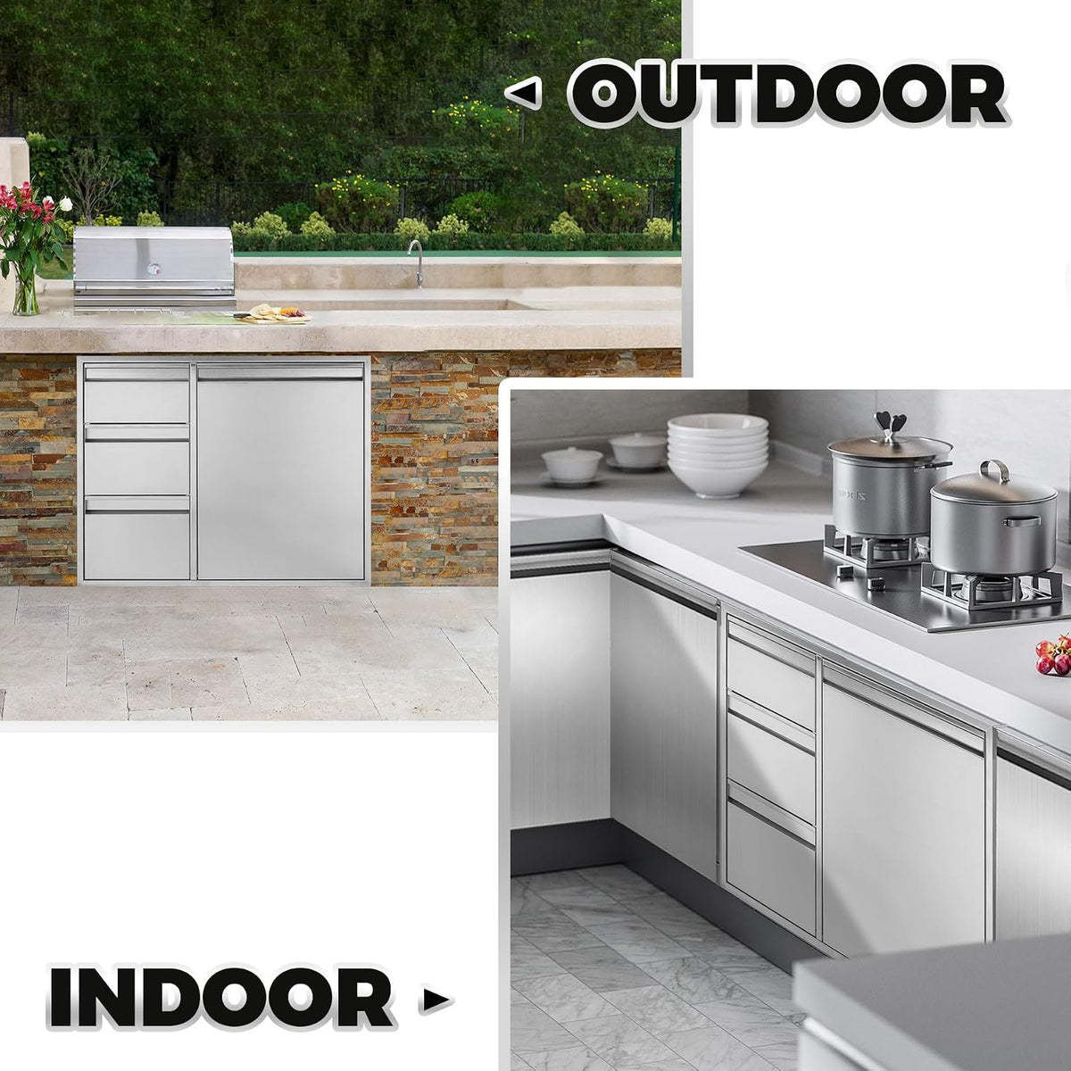 POPMOON Outdoor Kitchen Drawer Combo 28x22x19.5in with 2 Trash Bin Cabinet