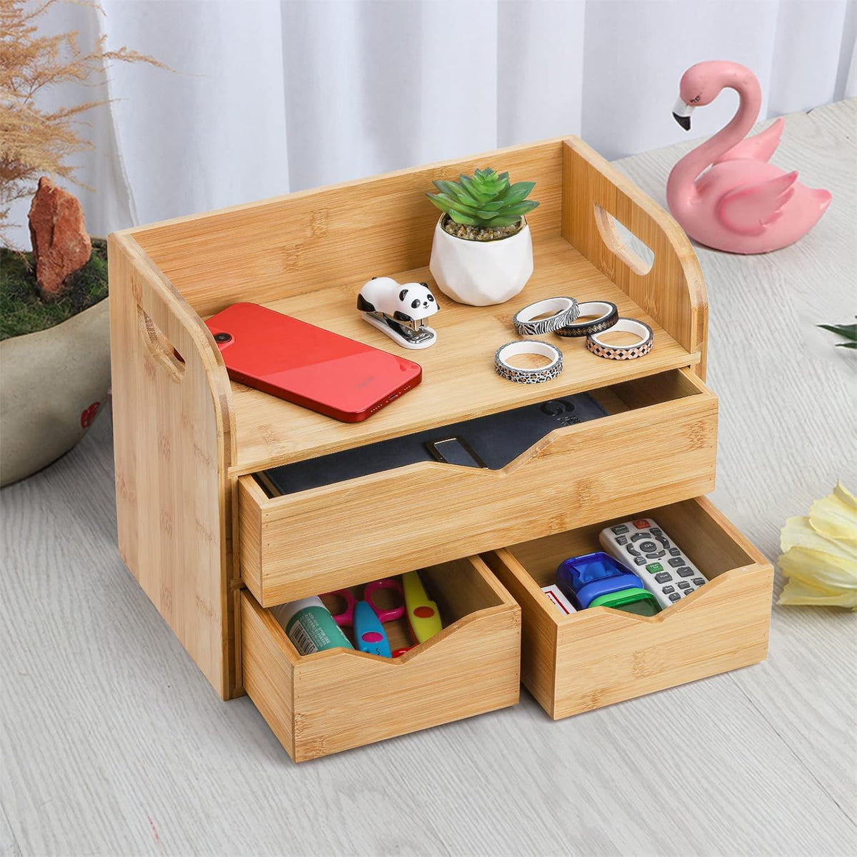 Hacaroa 3 Tier Bamboo Desktop Organizer with 3 Drawers, Tabletop Craft Box Co...