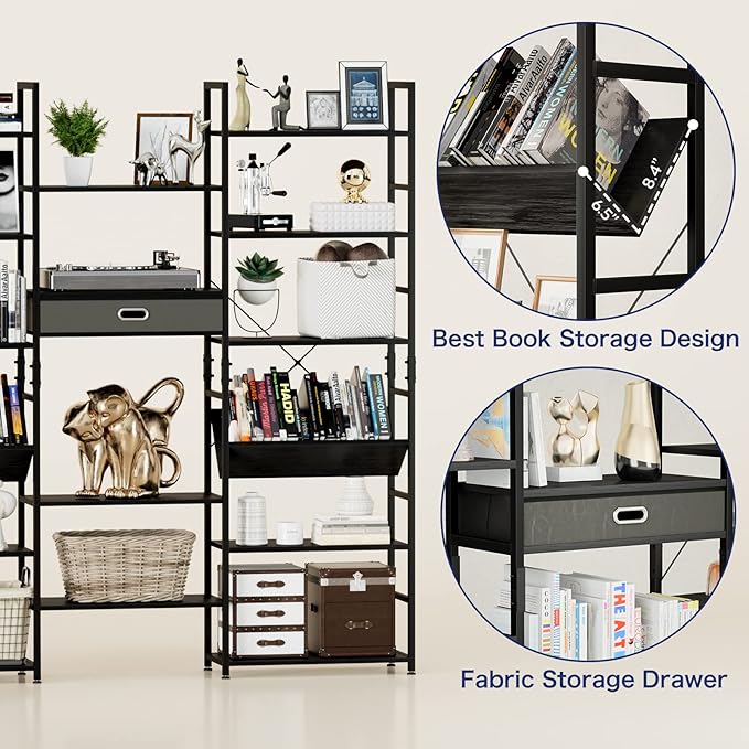 NUMENN Triple Wide 6 Tier Bookshelf, Adjustable Rustic Industrial Style Book - Image 6