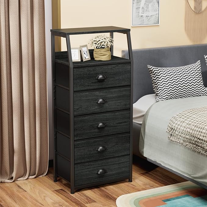 Furnulem Black Dresser with 5 Drawers, Vertical Storage Tower Fabric Dresser - Image 6