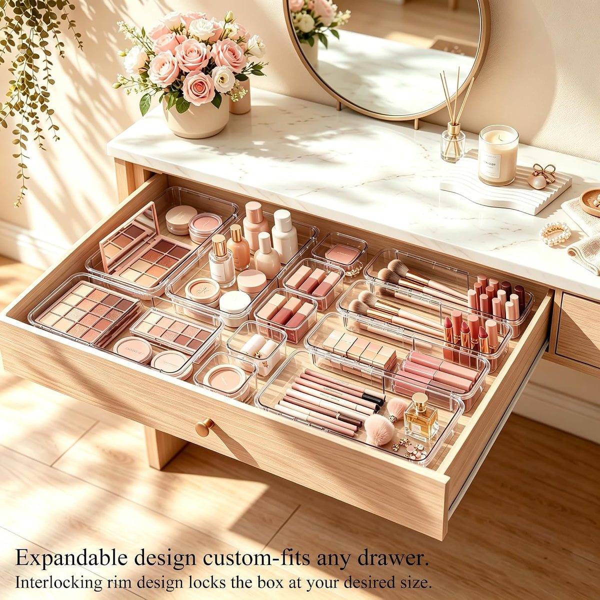 15Pcs Clear Expandable Drawer Organizer Bins for Vanity Desk Bathroom