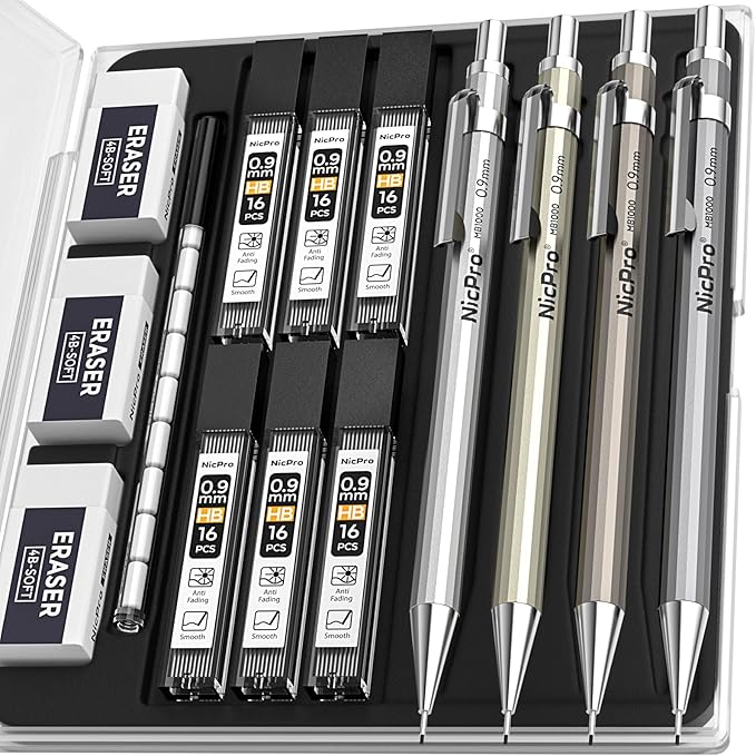 Nicpro 4 Pack Metal Mechanical Pencil Set 0.9mm, MB1000 Lead Drafting Pencil by Nicpro