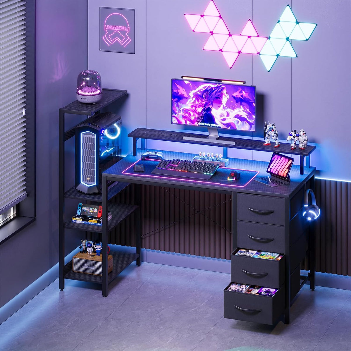 51in Gaming Computer Desk with Drawers & Power Outlet & LED Lights, B...