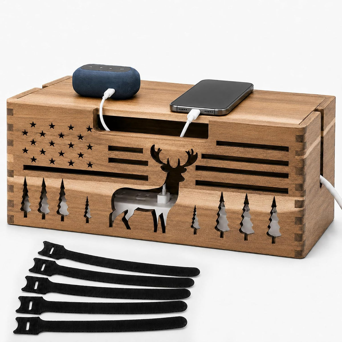 Acacia Wood Cable Management Box,Cord Hider & Organizer for Power Strip