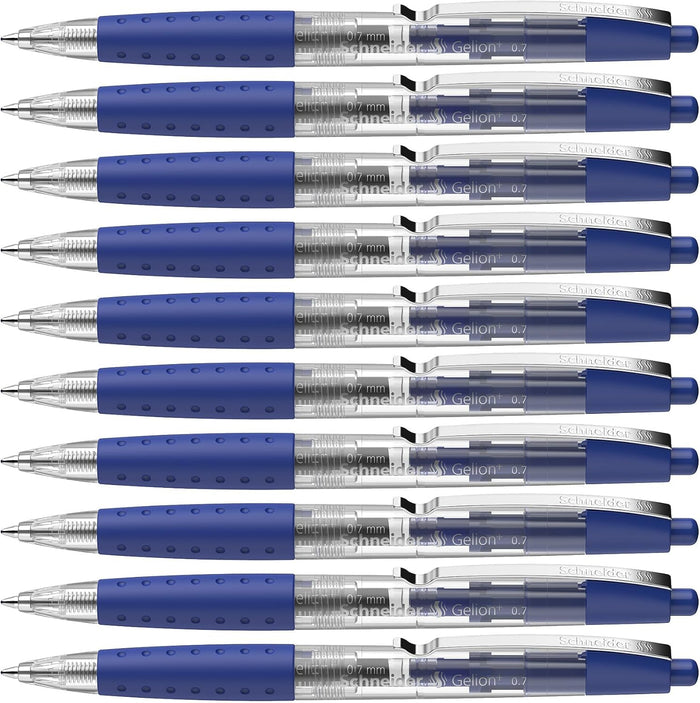 Schneider Gelion+ Gel Pen, Refillable and Retractable, Gel Ink, 0.7 mm, Transparent Barrel, Blue Ink, Box of 10 Pens (101003)