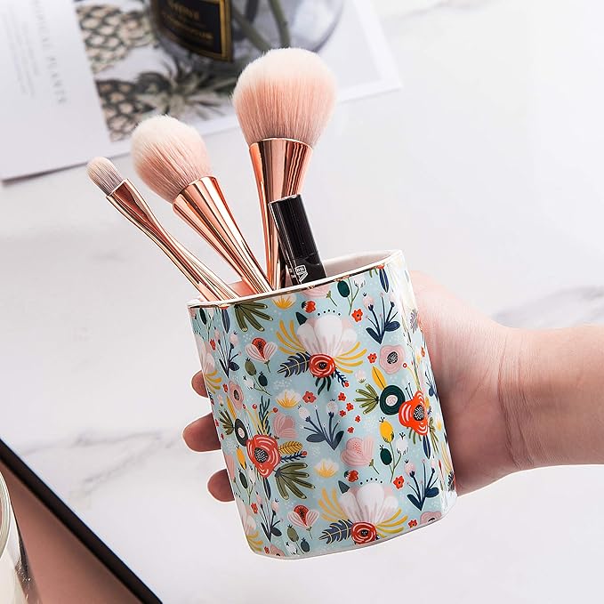 Jwest Pen Holder, Makeup Brush Holder Ceramic Shiny Gold Floral Pattern Pencil - Image 3