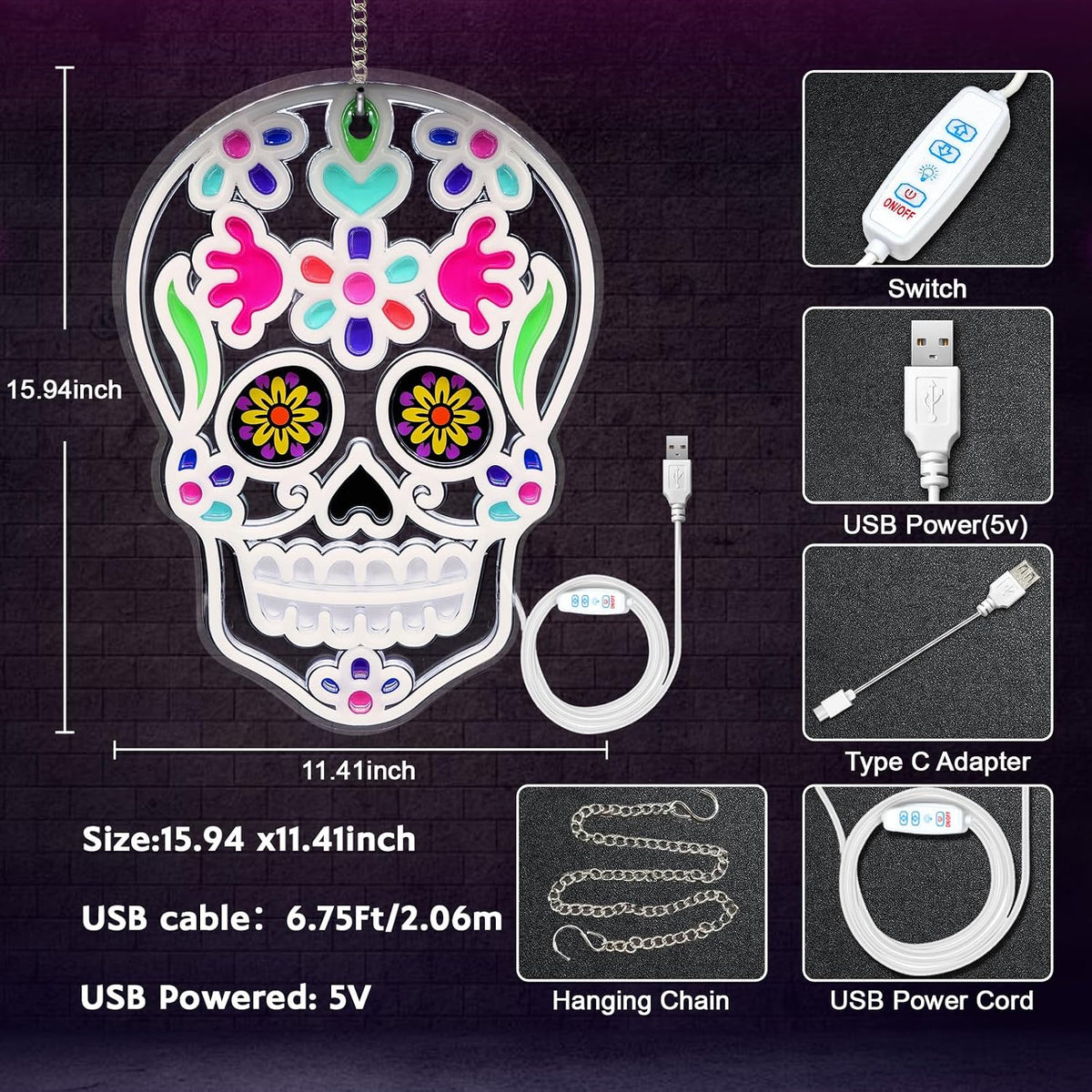 Halloween Day of the Dead LED Neon Signs, Mexican Sugar Skull Neon Lights